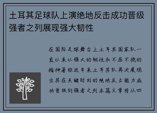 土耳其足球队上演绝地反击成功晋级强者之列展现强大韧性